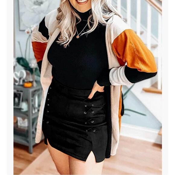 Black Faux Suede Corset Lace Up High Waist Pencil Bodycon Mini Skirt - Picture 5 of 6